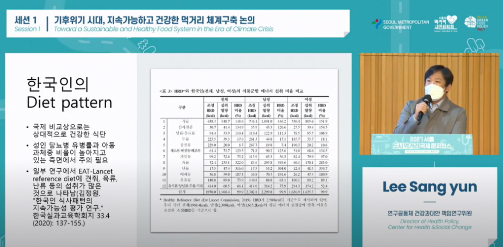 세션 1. 기후위기 시대, 지속가능하고 건강한 먹거리 체계구축 논의(Sesstion 1. Toward a Sustainable and Healthy Food System in the Era of Climate Crisis) 캡처 화면